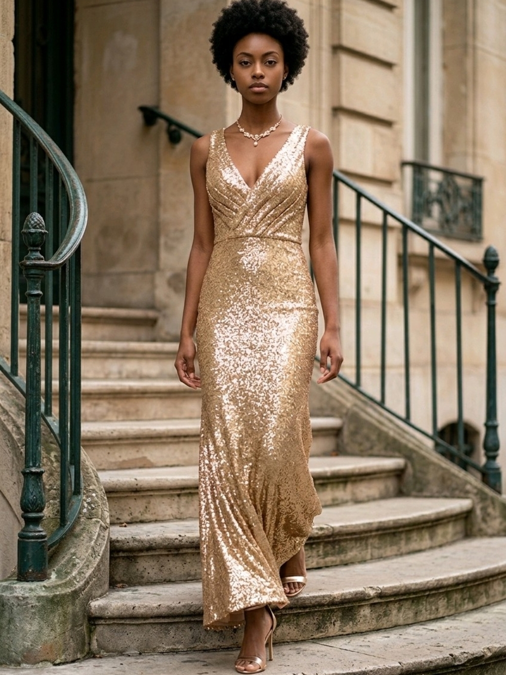 Bari Jay Gold Sequin V-Neck Maxi Dress